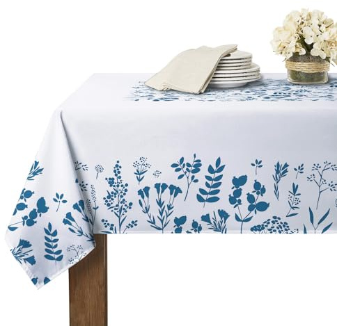 RYB HOME Rectangle Table Cloth Patchwork Colorful - Spillproof Scratch Resistant Tablecloth for 6 Foot Flowered Tablecloth for Tradeshow Family Gatherings Party, 60 x 84, Blue Flower