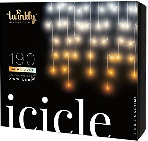 Twinkly Icicle - Catena luminosa sospesa con 190 AWW (ambra, bianco caldo, bianco freddo), luci natalizie per interni ed esterni, decorazione natalizia controllata da app, filo trasparente