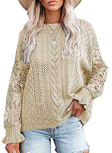 Jusfoouo Stickad damtröja spets långärmad rund hals enfärgad virkad tröja elegant tröja toppar S–XXL, En mandel, XL