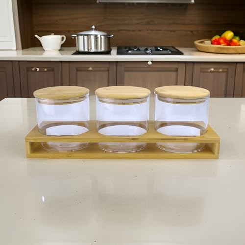 Dylex Set Of 3 Glass Tea Coffee Sugar Jars Canisters with Bamboo Stand Kitchen Storage