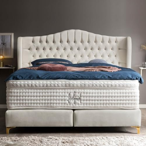Boxspringbett Maison 180x200 Samt-Stoff, ohne Visco-Topper, Füße Gold-Optik, Hotelbett, ohne Bettkasten, 7 Zonen Taschenfederkern-Matratze, Aufbau KOSTENLOS (Creme, 180x200 cm ohne Topper)