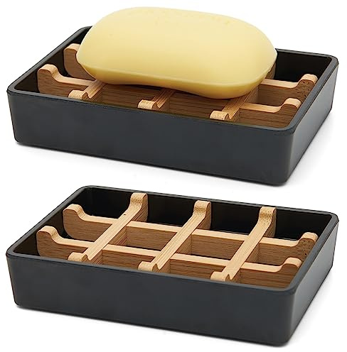 Bamboo Soap Dishes for Shower with Drainage Wooden Soap Bar Holder for Bathroom Soap Tray Easy to Clean, Durable and with Non-Slip Pads(Single Black Square)