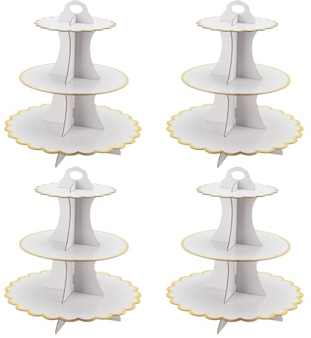 MAHIONG 4 Pack White Cupcake Stand, 3 Tier Cardboard Cupcake Stand, Afternoon Tea Stands, Cardboard Cake Stands for Weddings, Birthdays, and Christmas