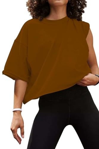 AirMood Oversize Workout Crop Tshirt Tops Oversized Casual Basic Loose Fitted Tees T-Shirts (Brown,M)