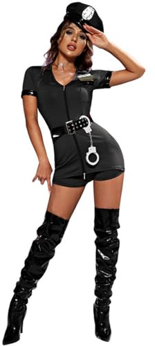 Costume da poliziotto da donna, tuta in pelle da poliziotta cattiva, per adulti, set con pagliaccetto, cintura, cappello, manette, per Natale, Halloween, feste, cosplay (senza bacchetta)