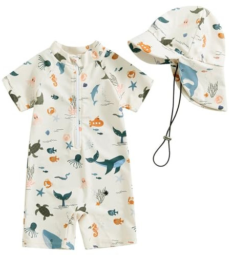 WYTbaby Traje de baño para bebé, ropa UV de una pieza, manga corta, ropa protectora UV para bebé niño con sombrero para el sol, beige, 1-2 Años