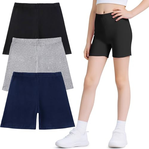 Domueay Pantaloncini Leggings per Ragazze, Pacco da 3, Cotone Estivi Shorts Corti Pantaloni da Ciclismo Sport Elasticizzati Comodo Sportive Danza Bambina Capri Legging 12-13 Anni, Nero Grigio Navy