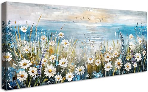 Canvastryck Ram Soluppgång Havsblommor Målning Blå Hav Av Blommor Blommande Estetisk Canvas Bilder Moderna Väggdekorationer Vardagsrum Sovrum Hotell 50x120cm