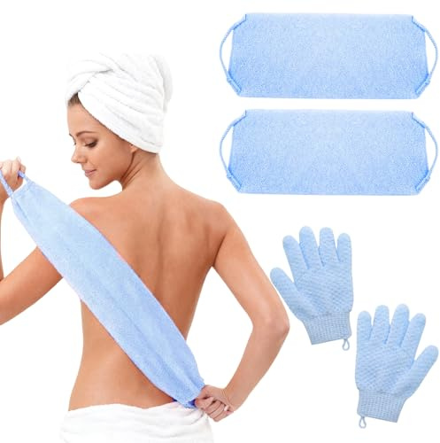 LUMOOM Lot de 2 gommes pour le dos avec 2 paires de gants exfoliants, sangle exfoliante double face et gants de bain pour la douche pour enlever la peau morte (bleu)