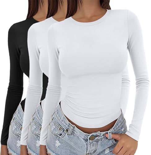 3 Pack Maglietta a Maniche Lunghe Da Donna Cashmere T-Shirt Tinta Unita Sottile Maglie Termiche Maglione Base Sottogiacca Comoda E Avvolgente Pullover Collo Alto Maglietta Costine Aderente Basic Tops