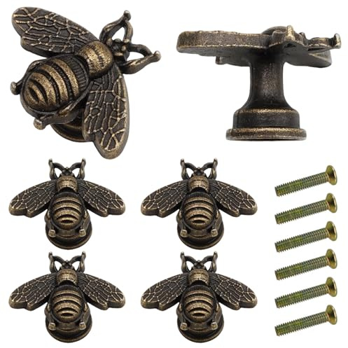 6 Pcs Vintage Bee Cabinet Knobs, Bronze Drawer Pulls for Furniture | Premium metal build with antique bronze finish, single-hole install, ideal for wardrobes, cupboards and drawer units