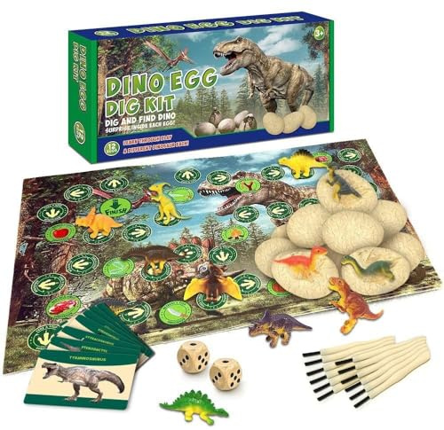 Dino - Set di 12 uova di dinosauro con strumento di scavo, carte educative e tappetino da gioco, giocattolo scientifico, per bambini dai 3 ai 10 anni, regalo di compleanno