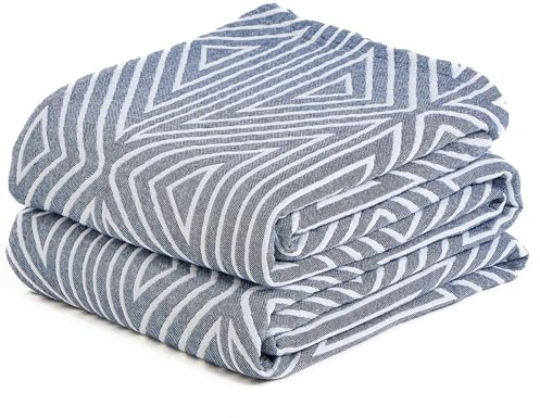 HOORDRY 100% Cotton Throws for Sofas, Double-Sided Muslin Blanket150X200CM | Breathable Throw for Bed and Couch, All Seasons Premium Bedspread - Blue Triangular Geometric Patterns