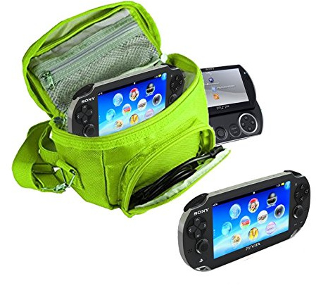 Orzly® - Game & Console Travel Bag for Sony PSP Consoles (GO/VITA/1000/2000/3000) Has Special Compartments for Games & Accessories. Bag Includes Shoulder Strap + Carry Handle + Belt Loop - Green