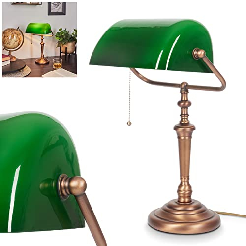 Klassische Bankerlampe Argyle, Retro Tischlampe, Metall in Bronzefarben, Leuchtenschirm aus Glas in Grün, 1 x E27, Tischleuchte für Büro, Schreibtisch, Zugschnur zum An-/Ausschalten, ohne Leuchtmittel