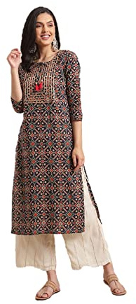 kurtis para mujer, ropa de fiesta, estilo indio, túnica recta kurta para mujer, lista para usar, Azul marino y Beige, M
