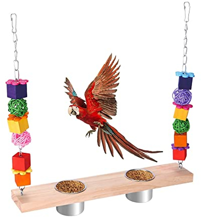 QIODAZOO Vögel Schaukel mit Vögel Näpfe, Vogel Schaukel Natürlichem Holz, Vogelnapf Edelstahl, Fütterung Spielzeug für Papageien, Wellensittiche Finken Sittiche