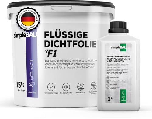 simpleBAU Dichtmasse Wasserdicht F1 15 kg und Tiefengrund 1L - Abdichtmasse und Grundierungssystem für Bad, Dusche, Fliesen und Fußbodenheizung - Einkomponente und Lösemittelfrei Flüssige Dichtfolie