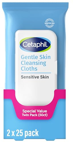 Cetaphil Face and Body Wipes, Gentle Skin Cleansing Cloths, 50 Count, Twin Pack, for Dry, Sensitive Skin, Flip Top Closure, Great for the Gym, Travel, in the Car, Hypoallergenic, Fragrance Free