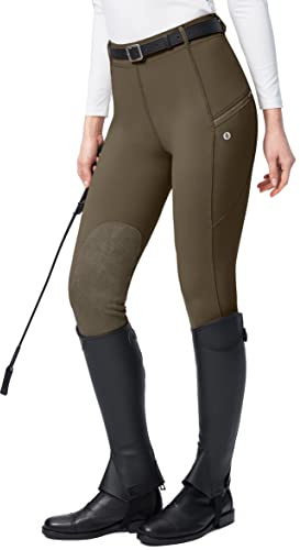 SANTINY Pantaloni da equitazione da donna con tasche con cerniera al ginocchio con toppa al ginocchio collant da equitazione per donna, Marrone, M