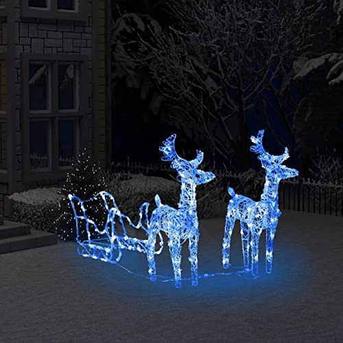 Tidyard Renne e Slitta Natalizie in 3 pz da Esterno con 160 pz Luci LED,Blu,in Acrilico,Decorazioni di Natale di Renne 3 pz 160 LED,Renne Luminose Natalizie da Esterno,Slitta Natale con LED
