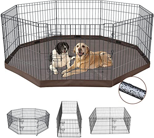NEZUC Foldable Silver Metal Dog Exercise Playpen Gate Fence Dog Crate 8 Panels 30 Inch Height Puppy Kennels with Bottom Pad for Animals Outdoor Indoor (with Bottom pad, 8 Panels 30 H)