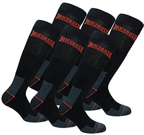 Lonsdale 6 Pares Calcetines Largos Trabajo Altura Rodilla - Punta Talón Reforzados - Esponja Algodón (Negro, 39-42)