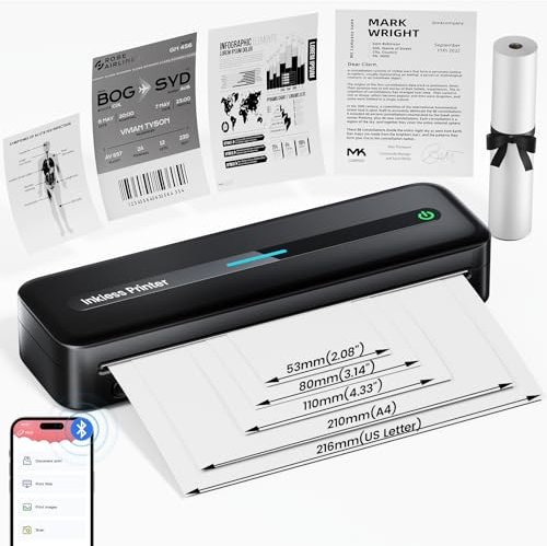 Thermodrucker A4, Tragbarer Mobiler Drucker für Unterwegs M832, Mini Reisedrucker A4 für Phone und PC, Kleiner Inkless Portable Printer Bluetooth 300DPI für Kleine Unternehmen ,Verträge, Büro,Foto