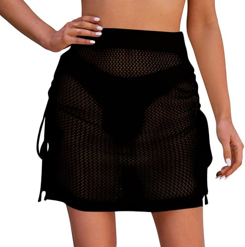SEAUR Stickad kjol för kvinnor, strand, kort, transparent, strandkjol, dragsko, omlottkjol, minisarong, pareo, virkad, bikini, cover up, fisknät, linda S–XL, Med dragsko – svart, S