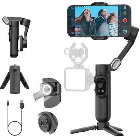 AOCHUAN 3-Achsen-Gimbal-Stabilisator für iPhone 15/14 Pro Max Android, faltbarer Smartphone-Gimbal mit integriertem Fülllicht,1/4-Gewinde,professionelle Anti-Shake für TikTok YouTube (Smart X Schwarz)