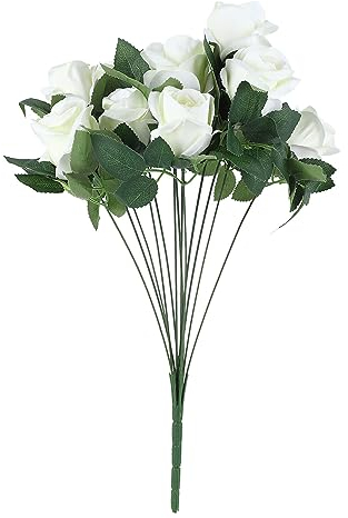 Wakects 13 Künstliche Stoffrosen mit Stiel, 13 Seidenrosen, Realistische Kunstrosen, Künstlicher Rosenstrauß für Hochzeitsfeier, Dekoration (White)