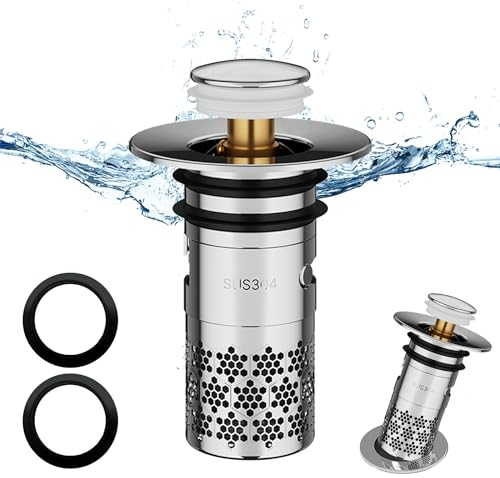 1 Pieza Tapón de Lavabo Universal, Tapón de Lavabo Universal Pop Up, Tapon Lavabo Baño en Acero Inoxidable, con 2 Juntas de Silicona y Cesta Antiobstrucción, Para baño, lavamanos,bañera(33-40mm)-Plata