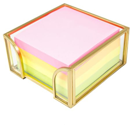 Shonmogar Glass Sticky Note Holder, Gold Post It Note Dispenser for Desk,3 x 3 Inch Post It Note Holder,Stylish Sticky Note Dispenser for Home Office Desk