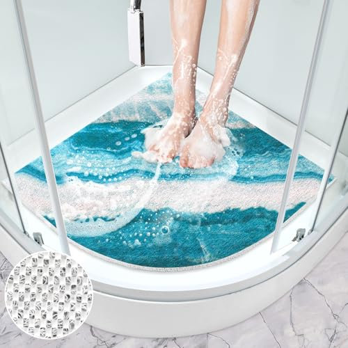 Mofonky Tapis de douche antidérapant Tapis de douche : 70 x 70 cm Grand tapis de douche d'angle Tapis de douche triangulaire Tapis de douche antidérapant - PVC Luffa Sécurité Tapis de douche à séchage