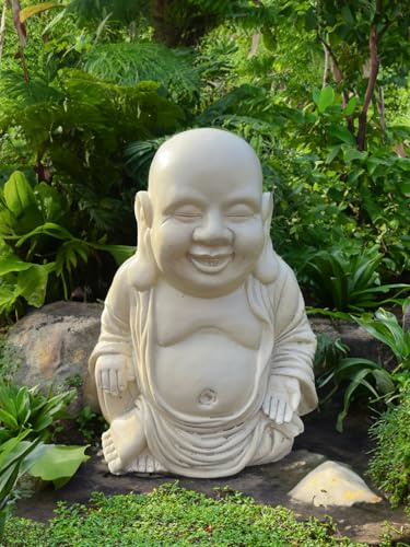 LOVETRENDS Lot de 3 statues de Bouddha assis – Décoration de jardin beige Happy & Plump – Parfait pour la décoration de la maison et du jardin, les espaces de méditation, les autels zen, les cadeaux