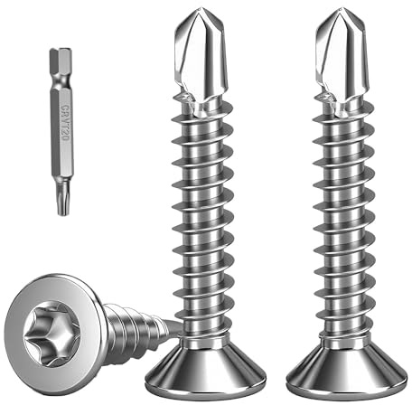 FandWay 100 Pcs Torx Self Tapping Screws Metal,M4.2x25mm Torx Countersunk Self Drilling Screws,Flat Head Sheet Metal Tek Screw 410 Stainless Steel With 1 T20 Bits For Aluminum Metalwork Roofing.