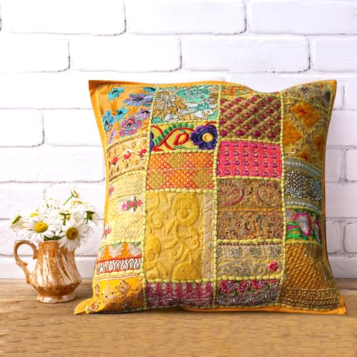 Hastvikas Boho Patchwork Pillow Cover 18x18 – Handmade Indian Embroidered Cushion Cover, Decorative Throw Pillow for Couch Sofa Living Room, Vintage Ethnic Home Decor (Yellow).