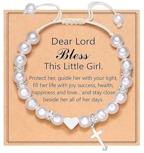 White Shell Pearl Bracelet with Cross Christening Gifts for Girls Women Adjustable Cross Beaded Bracelets with Bless Card First Holy Communion Bracelet Baptism Gifts for Birthday Wedding Christmas