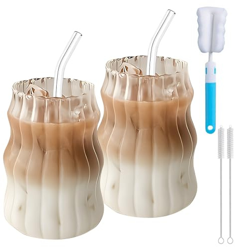 2 Pcs 530ML Glass Mugs with Straws - Clear Iced Coffee Cup Matcha Ribbed Wavy Glass Cups Matcha Glasses with Straws Brush & Cup Brush for Ice Coffee Juice Drink Milk Tea Cocktail Wedding Birthday Gift