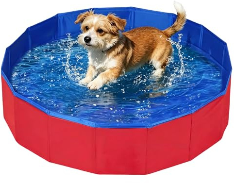 RNPKZ Hundpool 80 x 30 cm, Vikbar med dräneringsventil, Halkfri, Pool för små hundar och katter, Blå och Rödfärgad