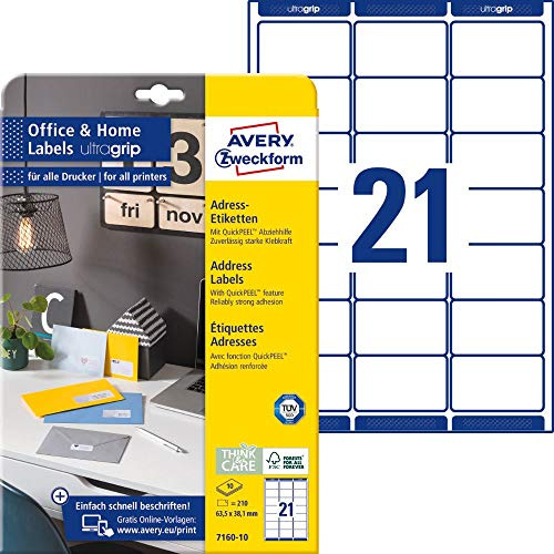 AVERY Zweckform 7160-10 étiquettes d'adresse (210 étiquettes 63,5 x 38,1 mm sur format A4, étiquettes de retour imprimables, étiquettes d'adresse, autocollantes, avec ultra agrippantes, idéales pour