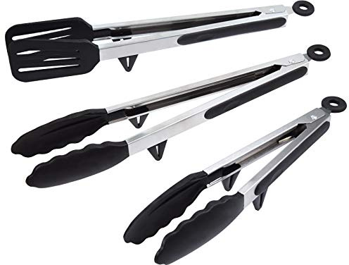 Goalfly 3 Pack Kitchen Tongs with Resting Gadget, Cooking Tongs Set with Silicone Tips, 1pc Spatula Tong (32cm), 2pcs Basic Food Tongs (26cm, 33cm),Suitable for BBQ Grill, Frying and Salad
