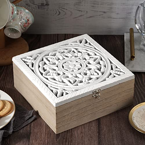 JUJOYBD Teeboxen für Teebeutel, Teekiste Holz 9 Fächer, Teebeutel Aufbewahrungsbox mit handgeschnitztem Blumen-Ornament Deckel, Weiß