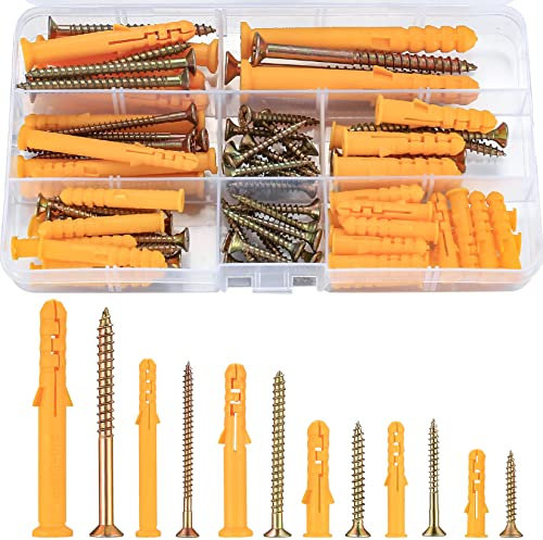 88 Pcs Wall Plugs and Screws Set(44 Masonry Self Tapping Screws, 44 Expansion Pipe Anchor Bolts), M6/M8/M10 Heavy Duty Wood Screw and Wall Plugs Kit for Brick, Concrete, Masonry, Drywall