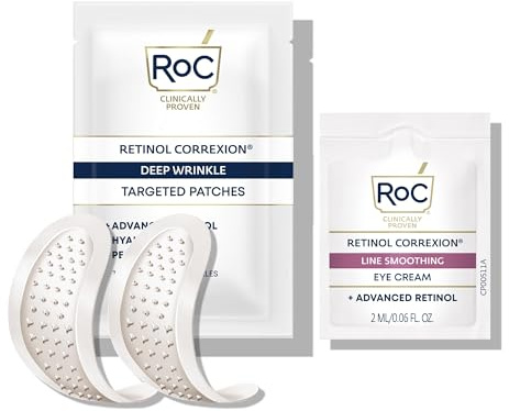 RoC Retinol Correxion Deep Wrinkle Non-Invasive Targeted Patches with Hyaluronic Acid + Firming Peptides for Forehead, 11 Lines, Crow’s Feet and Laugh Lines, (6 Patches) with Retinol Eye Packette
