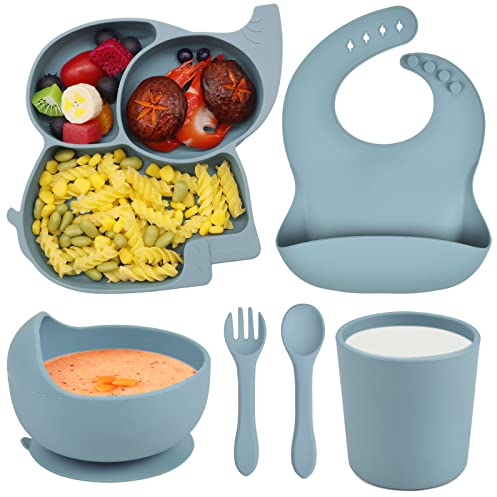 Domueay Baby Geschirrset 6 Stücke Silikon Kindergeschirr Set mit Saugnapf Rutschfest Kinderteller Schüssel mit Lätzchen Tasse Löffel Gabel Abwaschbar Baby Essen Set BPA Freie Babygeschirr Blau Elefant