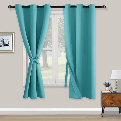 XWZO Blackout Curtains Shades Window Curtain Panels with Tiebacks- Noise Reduction and Thermal Insulated Eyelet Curtains for Bedroom,Living Room,Office,Study Room Turquoise W46xL72