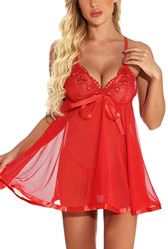 JozAdy Ensemble de lingerie en dentelle sexy pour femme, nuisette babydoll, chemise, vêtements de nuit, robe avec string, grande taille, Rouge, 6XL