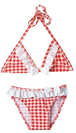 Mud Kingdom Beach Sport Swimsuit for Big Girls Ruffle Plaid Bow Knot Halter with Pleated Hem Bottom Bikini Set 2 Piece Red and White Check Size 9-10