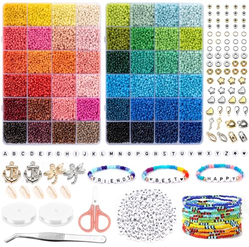 16 000 stycken 3 mm pärlor färgglada set, 300 stycken bokstavspärlor, glaspärlor, kedjor gör det själv med elastiska snören sax, pärlor set för armband, smycken, för jul barn, födelsedagar, fest
